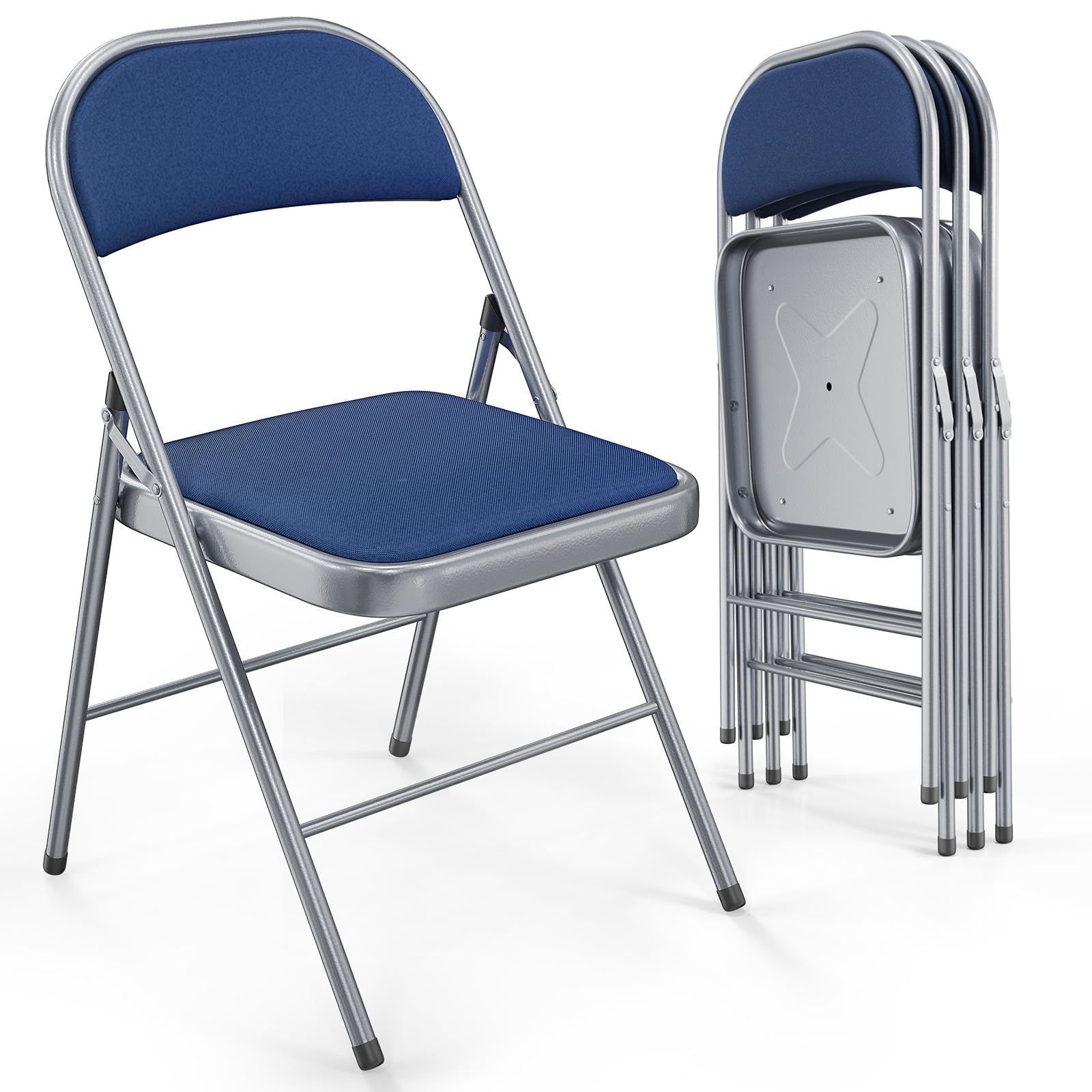 Vingli Folding Chairs With Padded Seats, Metal Frame With Fabric Seat & Back, Capacity 350 Lbs, Blue, Set Of 4